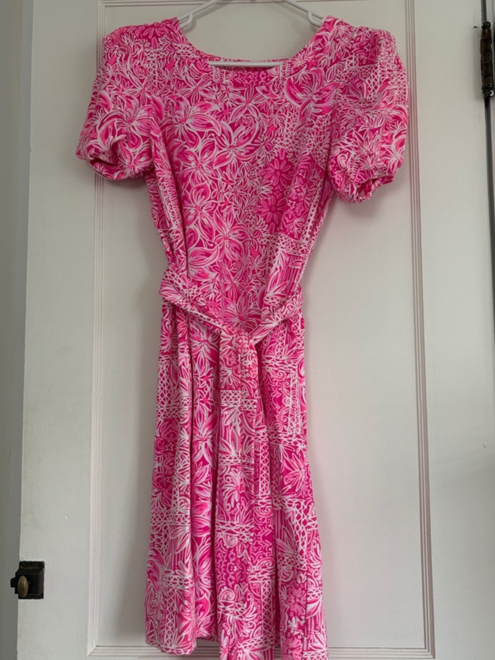 Lilly Pulitzer Hot Pink & White Floral Midi Dress with Tie Waist